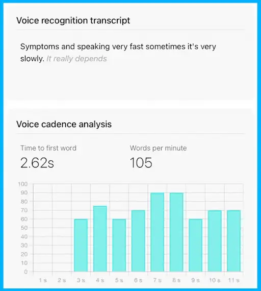 Voice cadence measured as words per minute over an answer